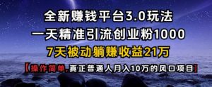 全新赚钱平台3.0玩法一天精准引流创业粉1000.7天被动躺Z收益21W【仅揭秘】-创新Ovo