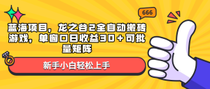 蓝海项目，龙之谷2全自动搬砖游戏，单窗口日收益30＋可批量矩阵-创新Ovo