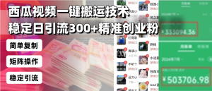 西瓜视频一键搬运技术,稳定日引流300+精准创业粉,简单可复制给团队,...-创新Ovo