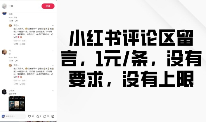 小红书评论区留言，1元条，没有要求，没有上限-创新Ovo