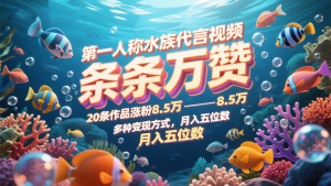 第一人称水族代言视频，条条万赞，20条作品涨粉8.5万，多种变现方式月，入五位数-创新Ovo