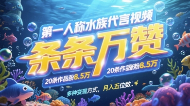 第一人称水族代言视频，条条万赞，20条作品涨粉7.8W，多种变现方式月入五位数-创新Ovo