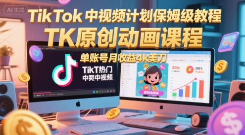 TikTok中视频计划保姆级教程，TK原创动画课程，单账号月收益4k美刀-创新Ovo