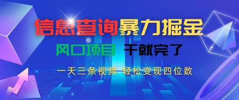 信息查询暴力掘金，一天三条视频，轻松变现四位数，风口项目干就完了【揭秘】-创新Ovo