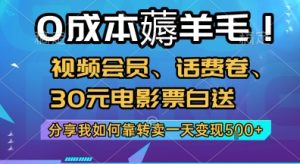 0成本薅羊毛!视频会员、话费卷、30元电影票白送，分享我如何靠转卖一天变现5张+【揭秘】-创新Ovo