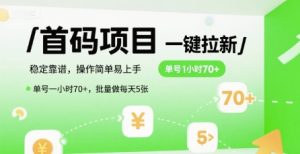 首码一键拉新项目，稳定靠谱，操作简单易上手，单号一小时70+，批量做每天5张【揭秘】-创新Ovo