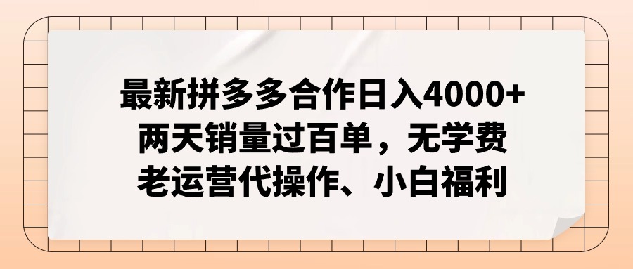 拼多多最新合作日入4000+两天销量过百单，无学费、老运营代操作、小白福利-创新Ovo