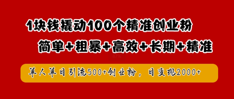 1块钱撬动100个精准创业粉，简单粗暴高效长期精准，单人单日引流500+创业粉，日变现2k【揭秘】-创新Ovo