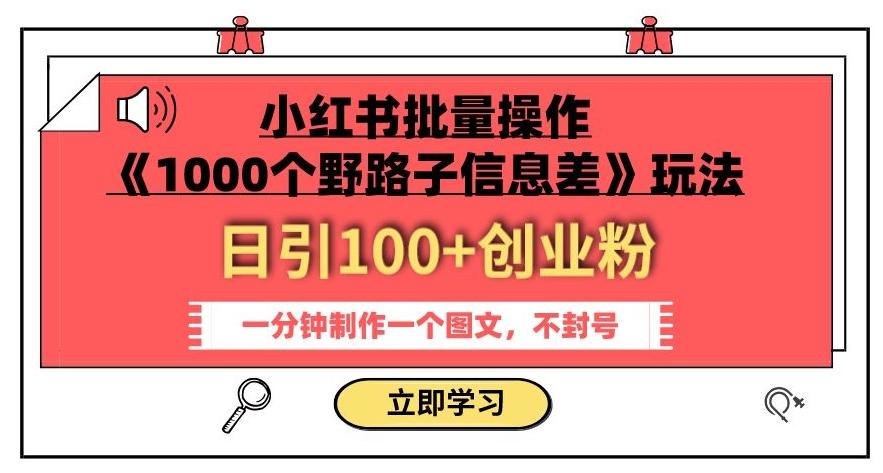 小红书批量操作《1000个野路子信息差》玩法，一分钟制作一个图文，不封号，日引100+创业粉-创新Ovo