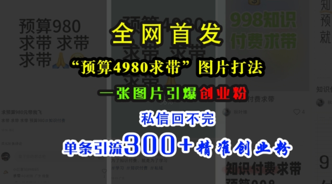 小红书“预算4980带我飞”图片打法，一张图片引爆创业粉，私信回不完，单条引流300+精准创业粉-创新Ovo