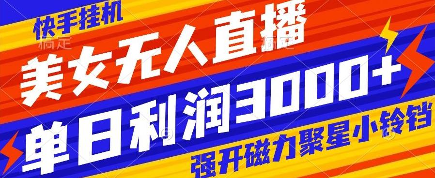 快手挂机，美女无人直播，强开磁力聚星小铃铛，日入3000+-创新Ovo