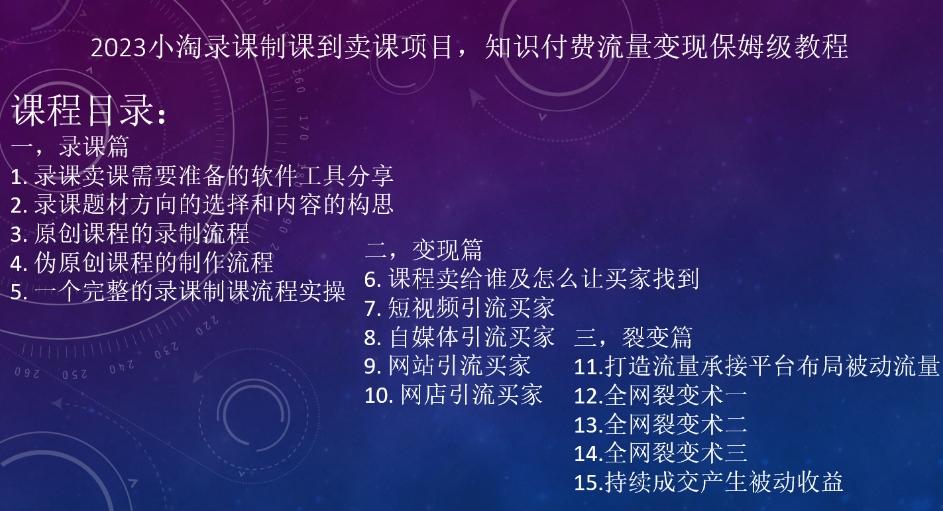 2023小淘录课制课到卖课项目，知识付费流量变现保姆级教程-创新Ovo