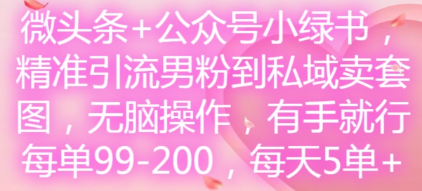 微头条+公众号小绿书，精准引流男粉到私域卖套图，无脑操作，有手就行，每单99-200，每天5单-创新Ovo